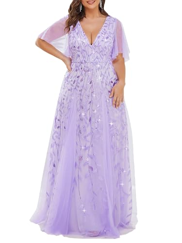 Image of Ever-Pretty Women's Sequin V Neck Plus Size Formal Dresses Evening Gown | Short Sleeve, A-Line, Empire Waist, Plus Size Mother of the Bride Dresses, Plus Size Gala Dress