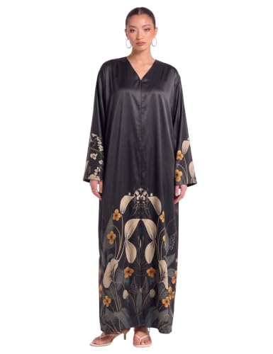 Premium Silk Printed Abaya for Women Elegant Front-Open Modest Abaya Dress with Golden Floral Border (52)
