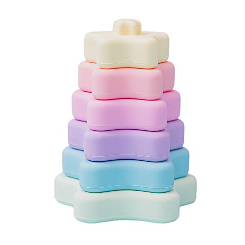 Image of Promise Babe Stacking Toys, Silicone Stacking Rings Teething Toy with Star Shape, Soft Building Blocks, Montessori Early Educational Toy for 6 Month+ Boys & Girls 6Pcs