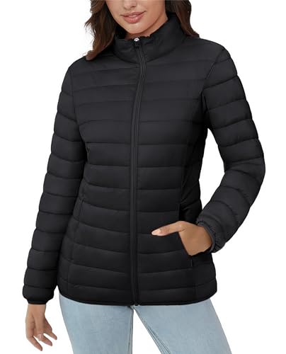 MAGCOMSEN Women's Puffer Jacket Lightweight Quilted Padded 4 Pockets Zip-up Stand-collar Winter Fleece Coat
