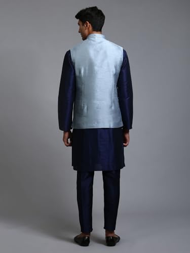 Image of VM Men's Grey And Cream Silk Blend Jacket, Kurta and Pyjama Set