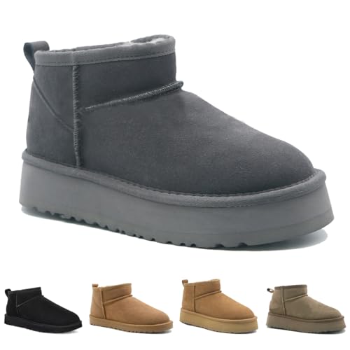 Fashion Platform Boots for Women's Fur Fleece Lined Suede Mini Boots for Men Comfortable Warm Outdoor Indoor House Non-Slip Short Ankle Boots Winter