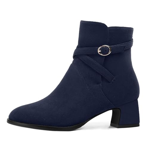 NUMALEO Womens Buckle Ankle Strap Dating Round Toe Casual Suede Fashion Chunky Low Heel Ankle High Boots 2 Inch2