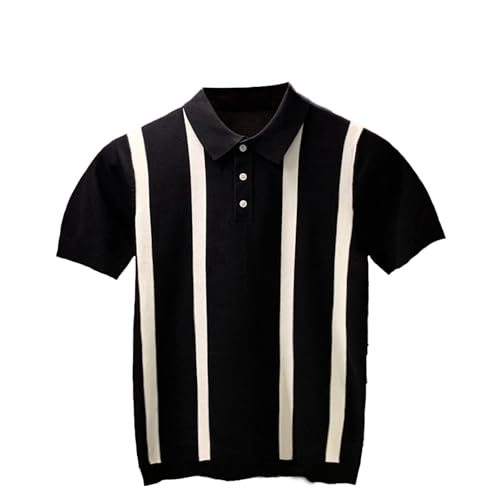Tobysper Polo para hombre a rayas de punto, camiseta deportiva ligera, camiseta deportiva de golf, camisetas vintage, corte ajustado, sudadera informal, Negro , L