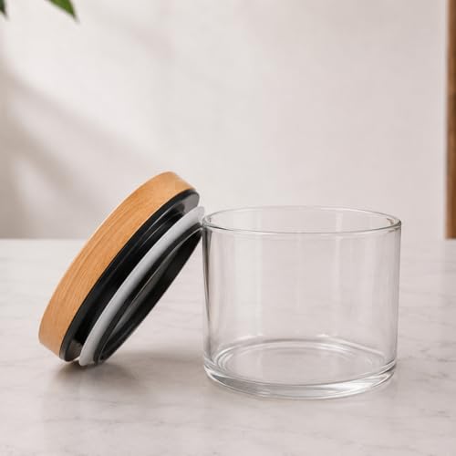 Image of Borosilicate Glass Storage Jars Set of 4 with 360 Rotating Bamboo Tray, 500ml Airtight Round Glass Containers with Silicone-Sealed Wooden Lids, Dry Fruit, Nuts, Spice Organizer for Kitchen