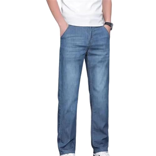 Men's Summer Thin Jeans Loose Straight Pants Elastic Waist Casual Soft Denim Trousers with Pockets