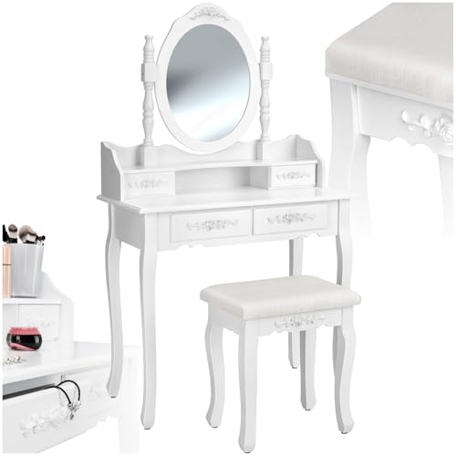 TecTake® tocador de Maquillaje, Estilo Vintage, Espejo Giratorio, Taburete Acolchado, 4 cajones, Elegante, Muebles Dormitorio, tocador con Espejo, Espejo Maquillaje, tocadores de Maquillaje - Blanco