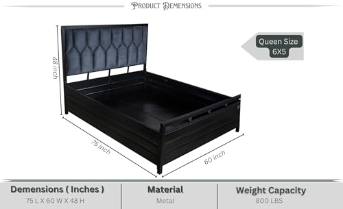 Image of Furniture Hydraulic Storage Bed Queen Size | Heavy Duty Metal Double Bed Cot with Box Storage | Iron Platform Bed Frame | Without Mattress | Black Matte (Queen Size 6X5)