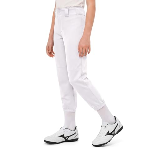Girls White Softball Pants Toddler Youth Baseball Tee Ball Pant with Pockets Belt Loops (9-10 Years)