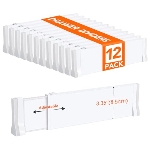 Image of Dntorx 12 Pack Drawer Dividers for Clothes, 11.6''-19.6'' Adjustable Drawer Organizers 3.35'' High Expandable Separators Dresser Organizer for Clothes Kitchen Office Bathroom Drawer Organizers, White