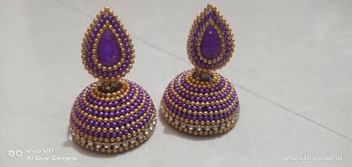 Image of Silk Thread Jhumka Earrings, Purple and Gold Pearl Design, Traditional Drop Style with White Stone Chain