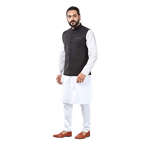 Image of Pure Cotton Kurta Pyjama Set & Jute Nehru Jacket