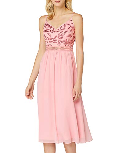 Amazon Brand - TRUTH & FABLE Women's Midi Chiffon Dress, Multicolour (Blush Leaf Sequin/Bead), 12, Label:M