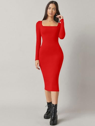Image of Aahwan White Solid Square Neck Solid Midi Bodycon Dress for Women's & Girl's