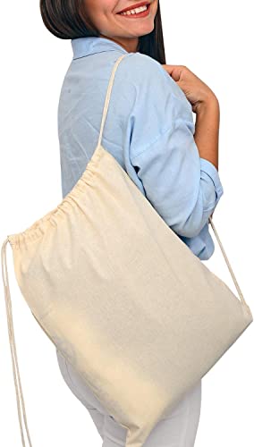 TBF Wholesale Durable Cotton Canvas Natural Drawstring Backpack Bags in Bulk 14" W x 18" H (12 Pack)4