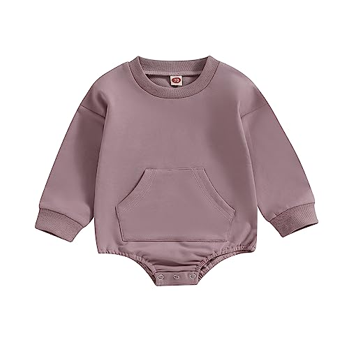 Image of Hoanselay Newborn Infant Baby Boy Girl Basic Plain Pocket Long Sleeve Romper Bodysuit Tops Solid Fall Outfit Clothes