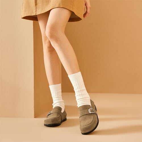 Image of BEAU TODAY Suede Leather Loafers Women, Women's Slip On Wide Width Loafers Flats Shoes, Footbed Comfortable Casual Dress Potato Shoes with Arch Support and Adjustable Buckle