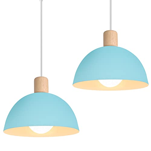 iDEGU 2 Stück Hängelampen Retro E27 LED Hängeleuchte Moderne Skandinavisch Deckenleuchte aus Metall Holz Pendelleuchte für Schlafzimmer Esszimmer Küche Restaurant (Blau, 2 Lampen) Cover