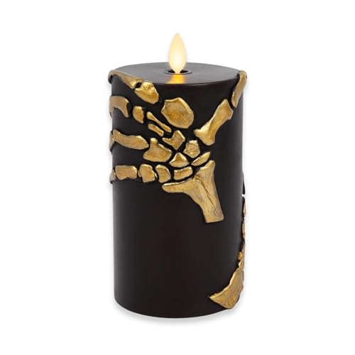 Image of Luminara Skeleton Hands Flameless LED Candle, Black & Gold 3 inch x 6.5 inch, Moving Flame Pillar, Battery Operated Timer Real Wax Halloween Gothic Home Decor