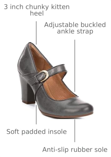Image of SHODENSE Women Vintage Chunky High Heel Mary Jane Shoes Round Closed Toe Ankle Strap Dress Sandals 3 inch Block Heels Mary Jane Lolita Pumps Two-Toned Patchwork Buckle Office Lady Wedding Retro 4-11 M US