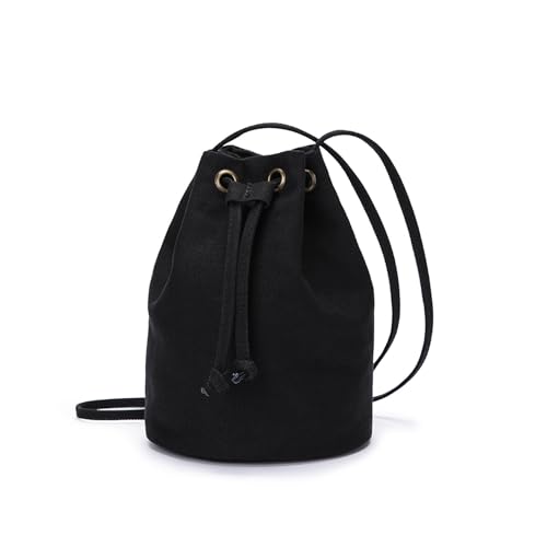 Black Drawstring Crossbody Bag Nylon Fabric Large Capacity Organizer Bag with Gold Tone Hardware - Main Image