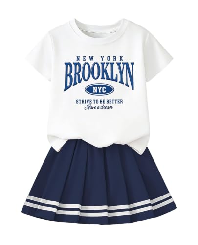 Image of Betusline Girls Skirt Set JK School Uniform 2-Piece Outfit - Short Sleeve & Webbing Solid Skirt,Letter Print,Dark BLue,7-8Years = Tag 140