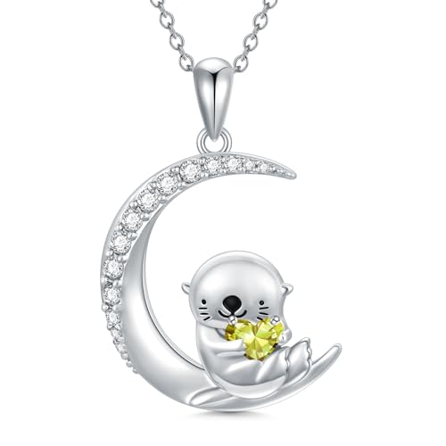 Image of PROESS Animal Birthstone Necklace 925 Sterling Silver Otter /Axolotl /Hippo /Elephant /Dachshund /Monkey /Red Panda Pendant Necklace Animal Birthstone Jewelry Gifts for Women