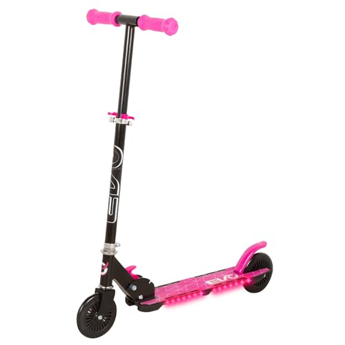 ColorBaby EVO Patinete 2 Ruedas Plegable, Negro y Rosa, Base con Luces Multicolor, Altura Ajustable, Freno Trasero, Peso máx. 50 kg, Juguetes niños 5 años, Patinetes Infantiles (54339)