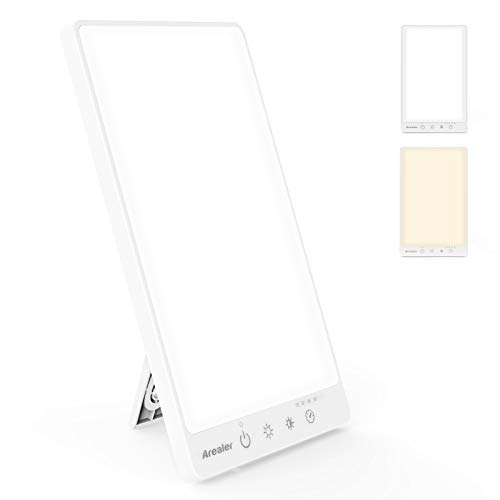 Lámpara de Luz Diurna Natural 10,000 Lux, Arealer Lámpara de Terapia, Lámpara de Luminoterapia sin UV con Brillo Ajustables, Temporizador, Colores Fría y Cálida