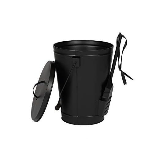 TUFFIOM 5 Gallon Ash Bucket with Shovel & Lid, Indoor & Outdoor Portable Ash Pail Galvanized Wtin Wood Handle Hearth Tools for Fireplace, Fire Pits, Wood Burning Stoves Black
