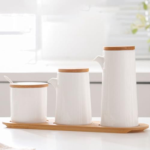 Fricence 調味料入れ 調味料 瓶 液体 スプーン付き 容器スパイスジャー 調味料入れ容器 セット 砂糖入れ 調味料ボトル 調味料 調味料ボックス セラミック おしゃれ 家庭用 調味料ポット 調味料ストッカー 3点セット(1×調味料ボックス&1×スプ