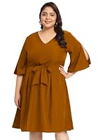 wild U Women Plus Size | Half Sleeve | A-line Knee Length | Waist Elastic | Western Stylish Dress -Mustard - 7XL