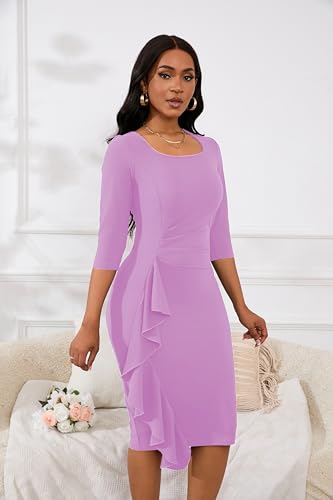 Image of Womens 1950s Vintage Bodycon Dress 3 /4 Sleeve Square Neck Cocktail Pencil Sheath Midi Dress Elegant