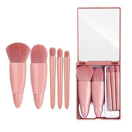 5 in 1 Professional Small Mini Mirror Makeup Brush Kit for Face Eye Shadows Eyeshadow Powder Blush Cosmetic Case Set Cleanser for Women Foundation Travel Brushes for Girl Female (MINI MAKEUP KIT)-image-11