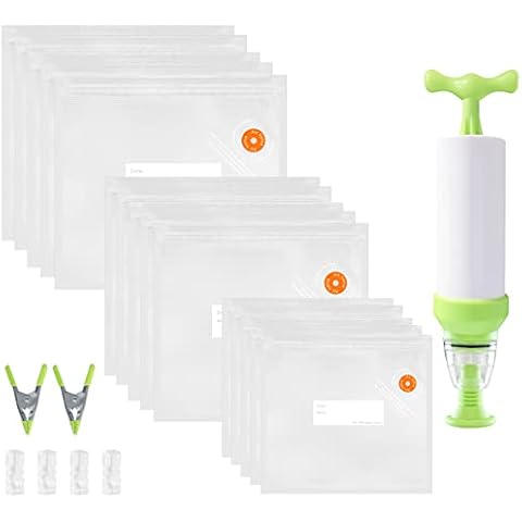 Sous Vide Bags - Gokilife 15PCS Reusable Sous Vide Bags Vacuum Zipper Bags for Food, 3 Sizes Vacuum Food Bags, 1 Hand Pump, 2 Sous Vide Clips, 4 Sealing Clips for Sous Vide Cooking & Food Storage Cover