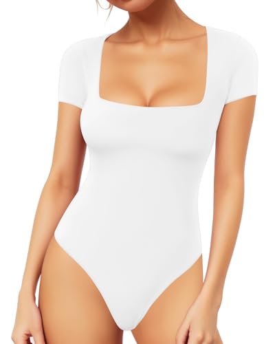 Prontiaduscire Body Donna Maniche Corte Traspirante Bianco Scollatura Squadrata Elegante