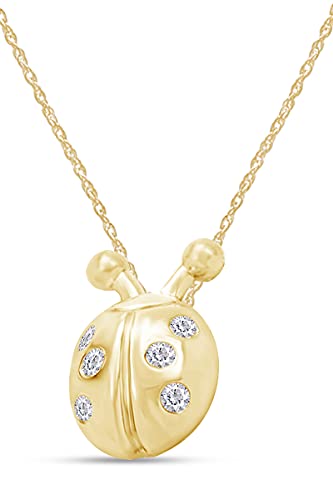 AFFY 1/10 Carat Round Cut Natural Diamond Ladybug Pendant Necklace With Bezel Setting In 14K Gold Over Sterling Silver (I2-I3 Clarity, I-J Color)2