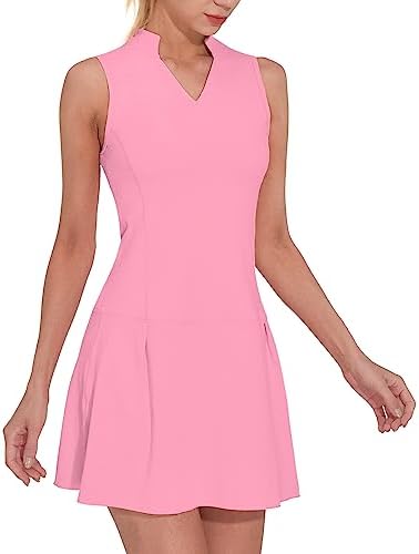 M MOTEEPI Womens Exercise Workout Dress with Shorts Sleeveless V Neck Sport Golf Performance Dress Ladies Pink Medium