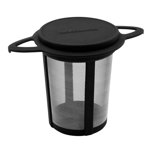 Fackelmann Filtro de Té Permanente, Infusionador con Tapa y Asas, Infusor para Té, Colador para Té de Acero Inoxidable y Plástico, Negro, 9x9x7 cm, 1 ud.