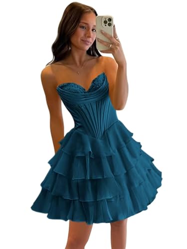 ForElise Strapless Satin Homecoming Dresses for Teens Tiered Ruffles Corset Short Prom Dress A Line Cocktail Party Gown
