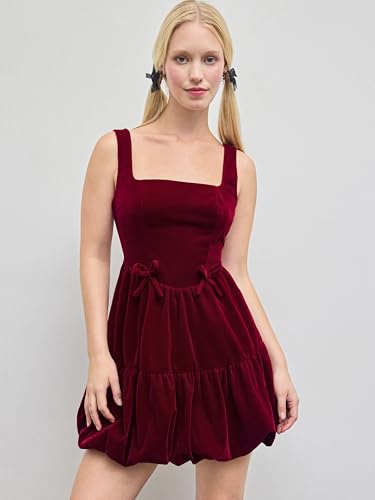 CIDER Mini Dress Velvet Lace Up Bowknot Square Neck A Line Dresses Party Cocktail Short Dresses for Women4
