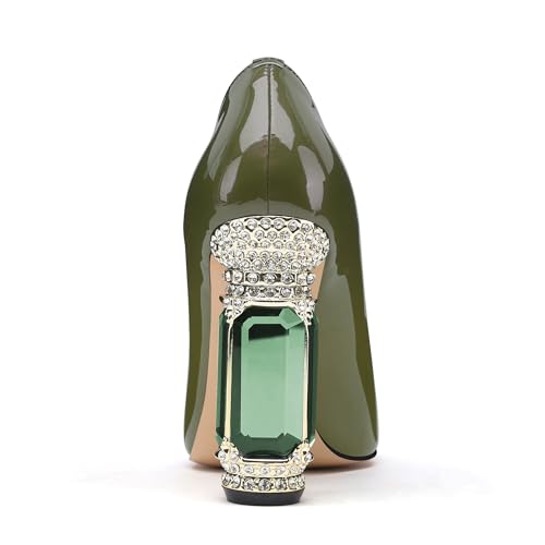 Image of JANSEVEN Women Chunky Heels Pumps Crystal Block Heels with Rhinestones Pointed Toe Sexy Gradient Patent Leather Slip on Bridal Party Wedding Dress Shoes 5-13 M US