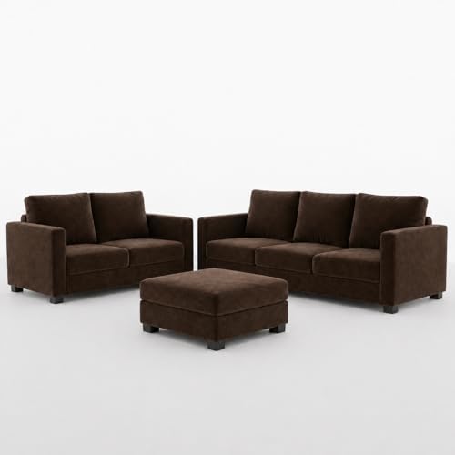 Image of FURNY Haster 3 Seater + 2 Seater Fabric Sofa Set with 1 Ottoman (Dark Brown) with Velvet Finish | Durable Comfort | Ideal for Living Room