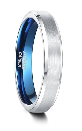 083BASE Anillo unisex de tungsteno negro/azul plateado, 4 mm/6 mm/8 mm de ancho, diseño de metal cepillado, bordes inclinados, joyas para hombre y mujer en diferentes tamaños, 60（19）