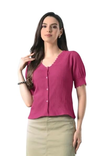Women's Puff Sleeve Trendy Top, Magenta Pink Button-Down Top with Lace Trim, V-Neck Short Sleeve Casual Wear-picture-11