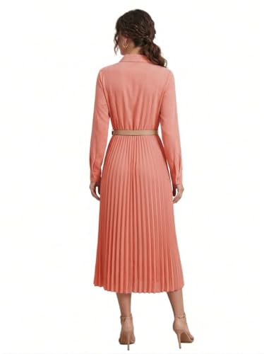 Image of Business Casual Shirt Dress for Women Long Sleeves Pleated Midi Dresses with Belt