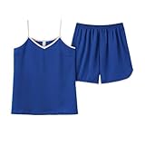 Housecoats Set for Women Fashion V Neck Sleeveless Cami Vest and Shorts Pajamas Set Summer Comfy 2 Piece Sleepwear Blue