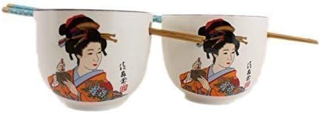 Pair Japanese Geisha Bowls with Chopsticks