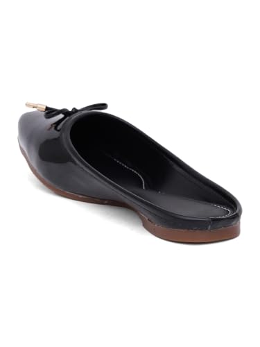 Image of TRYME Elegant Women's Glossy Patent Slip-On Mules with Bow Detail | Comfortable Flat Sandals for Office, Casual & Daily Wear