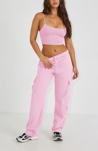 Waitfairy Wide Leg Sweatpants Women Cargo Pants Fleeece High Waisted Baggy Sweatpants for Women Casual Pants with 8 Pockets Pink XL2